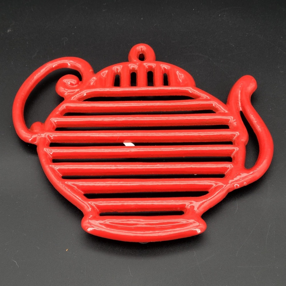 Tomato Red Enamel Country Cottage By Ultrex Cast Iron Tea Pot Shape Trivet